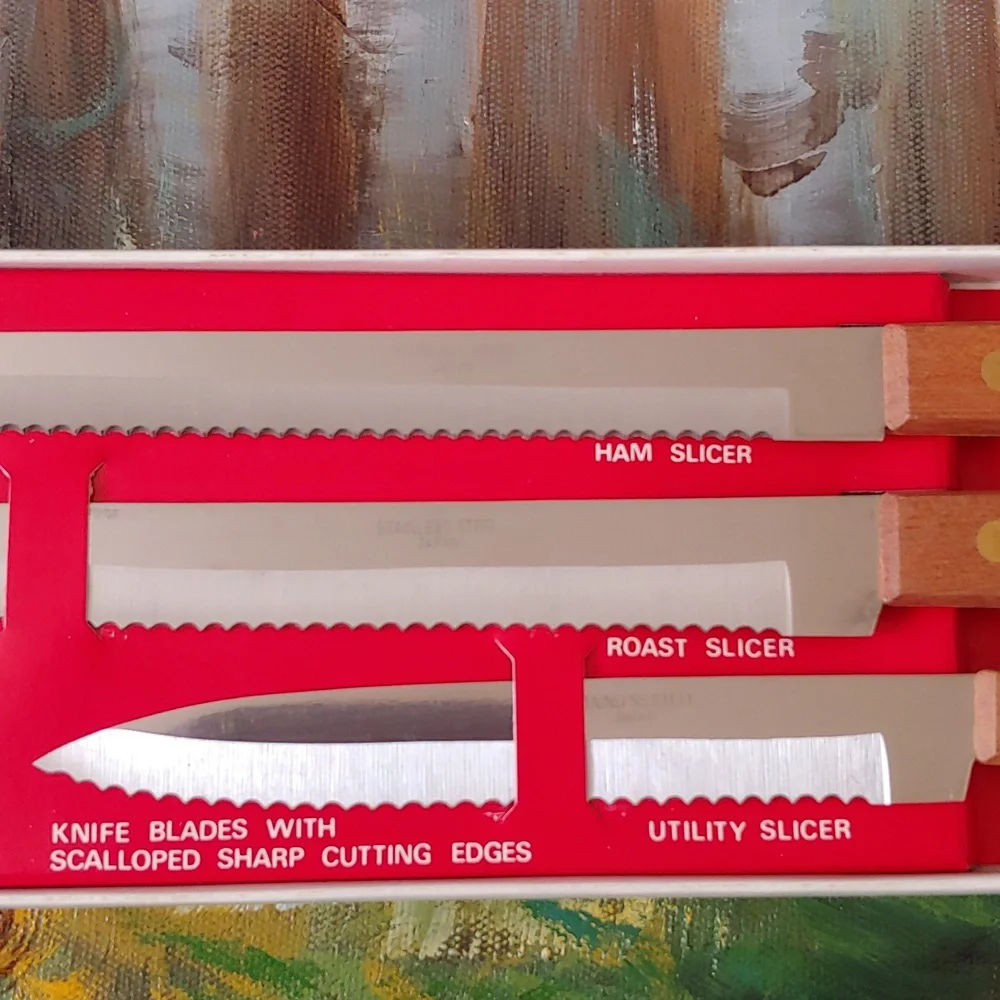 Vtg Japan Made Carving Knife Set, Rose Wood Handle